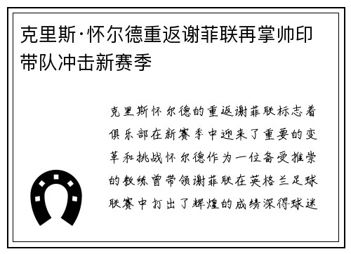 克里斯·怀尔德重返谢菲联再掌帅印带队冲击新赛季